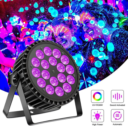 200 W 18 LED Par UV + RGB Stage Light Spotlight, DMX512 Disco Light, Party Light, 8CH Par Spotlight, Strobe/Sound/Active Mode Lighting DJ Light Effect for Show Bar Party Music Festival Halloween