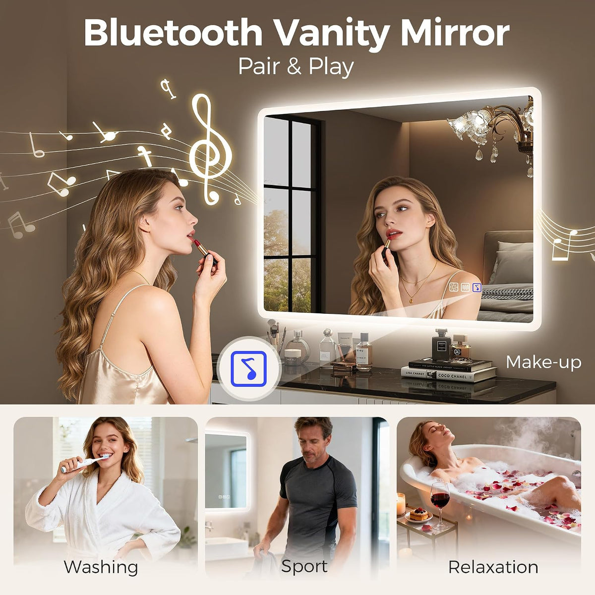 Oglinda de baie STARLEAD cu iluminare reglabila, Bluetooth, 70 x 120 cm, M3017 Madrid Silver