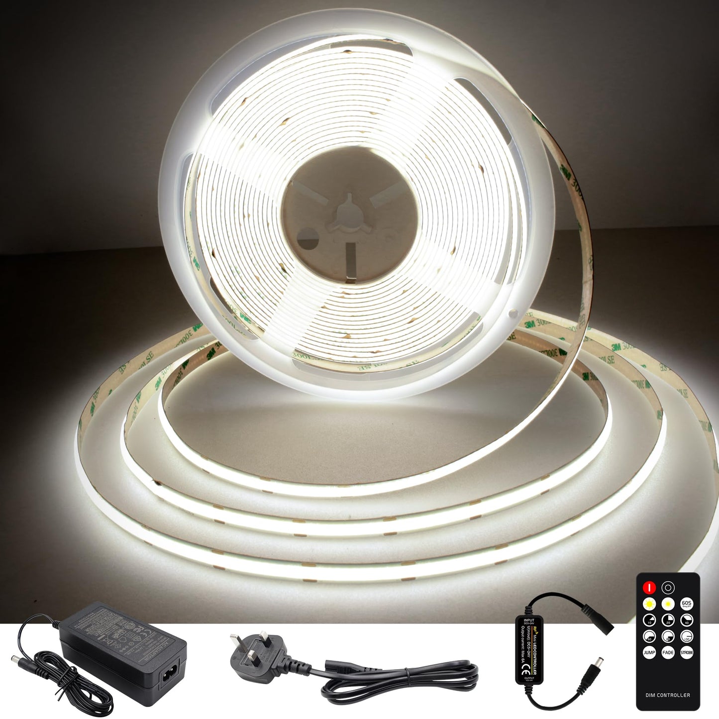 TTWAY COB LED Strip Lights 2700K, Dimmable LED Strip Kit, Super Bright 24V LED Tape Lights CRI90+ with RF Remote and UKCA Power Supply for DIY Home Decoration, 3M, 1440LEDs, Warm White.