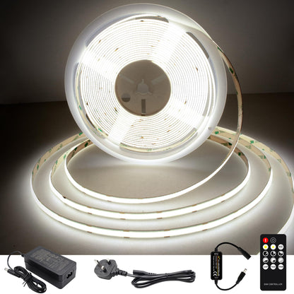 TTWAY COB LED Strip Lights 2700K, Dimmable LED Strip Kit, Super Bright 24V LED Tape Lights CRI90+ with RF Remote and UKCA Power Supply for DIY Home Decoration, 3M, 1440LEDs, Warm White.