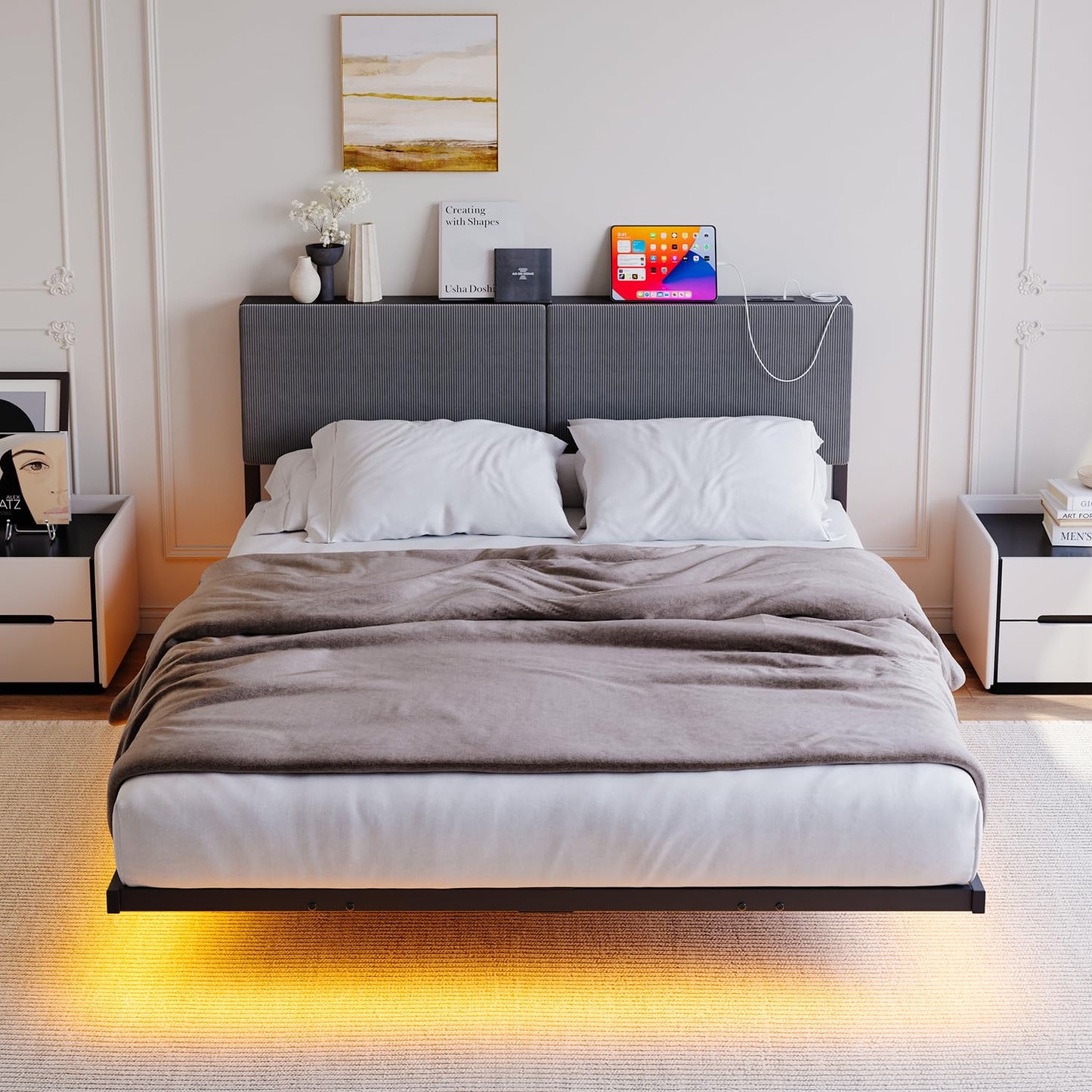 Pat HOMERECOMMEND 120 x 200 cm LED cu statie incarcare si depozitare