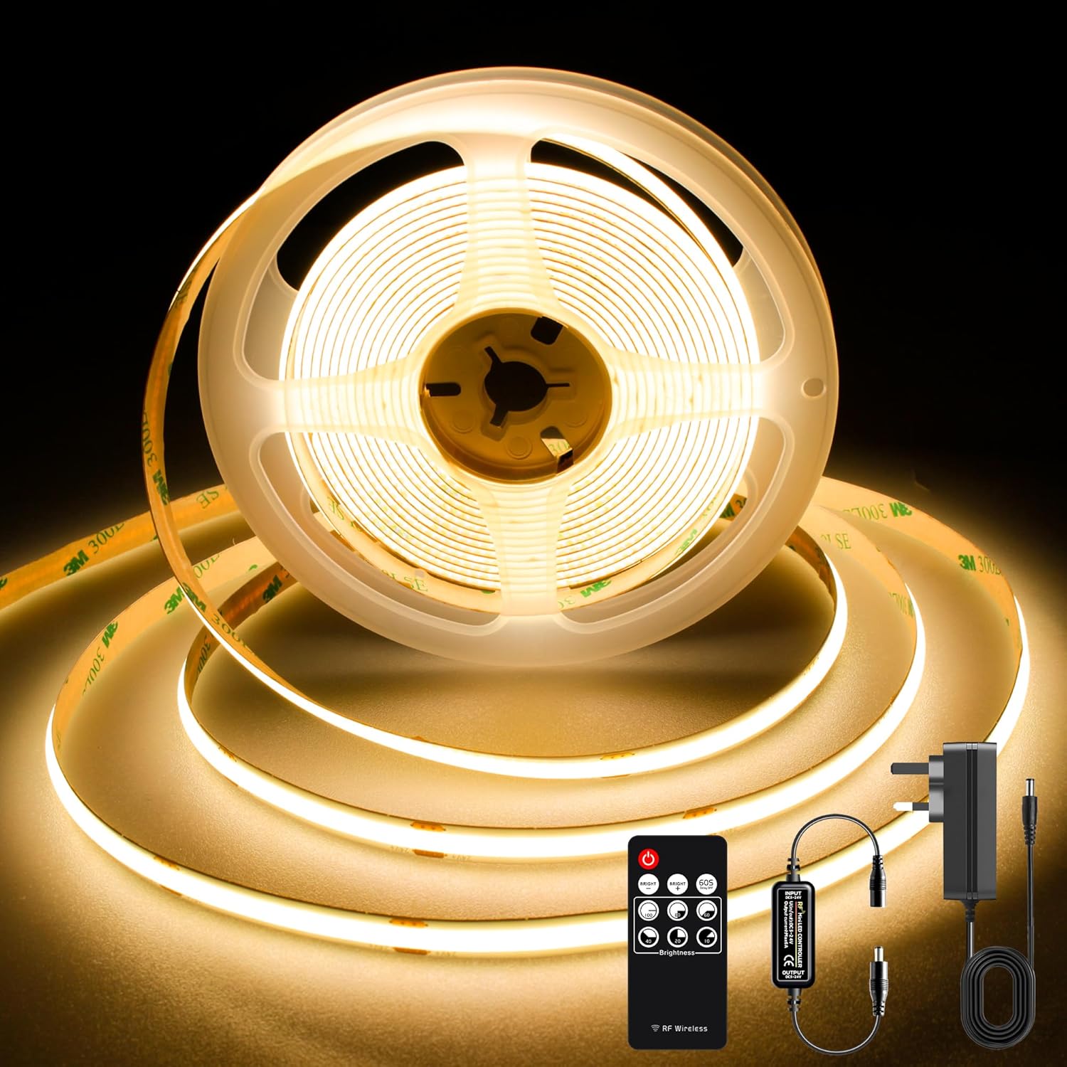 TTWAY COB LED Strip Lights 2700K, Dimmable LED Strip Kit, Super Bright 24V LED Tape Lights CRI90+ with RF Remote and UKCA Power Supply for DIY Home Decoration, 3M, 1440LEDs, Warm White.