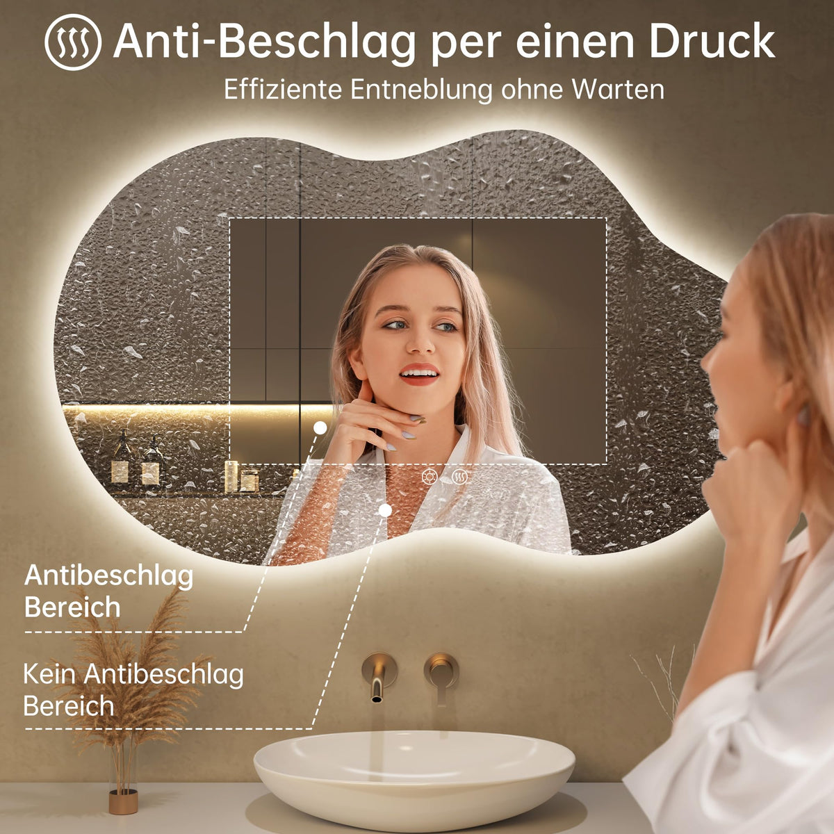 Oglinda baie OUMUSU LED asimetrica 100x60 cm anti-aburire