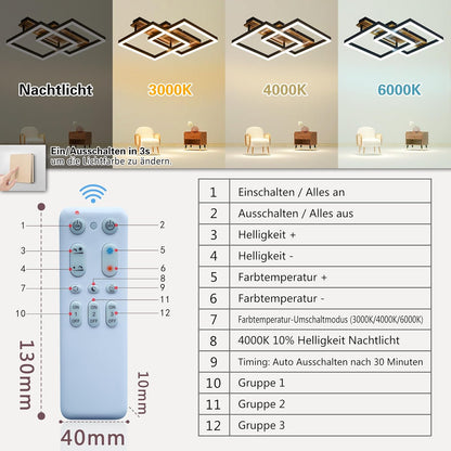 SEATAIN LED Ceiling Light Wood Dimmable Solid Wood Black Frame Vintage Ceiling Light with Remote Control 40 W 47 cm 4000 lm 3000-6000 K Bedroom Lamp Living Room Lamp Memory Function 4 W Night Light