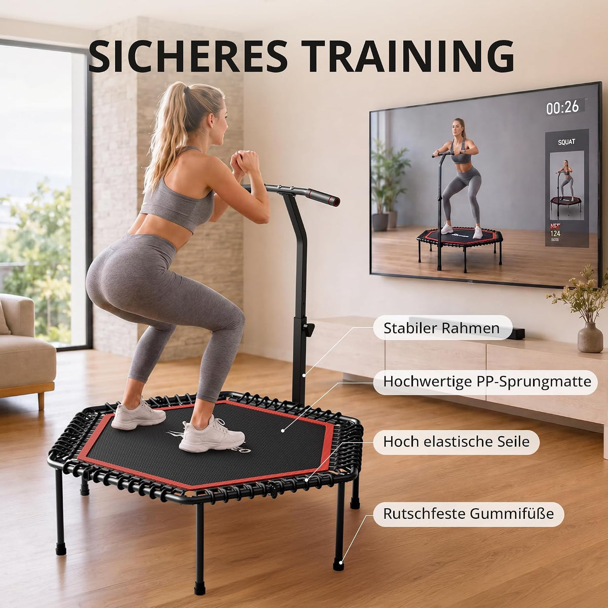 Trambulina fitness RYGEO pentru adulti, 127 cm, neagra, sarcina maxima 230 kg
