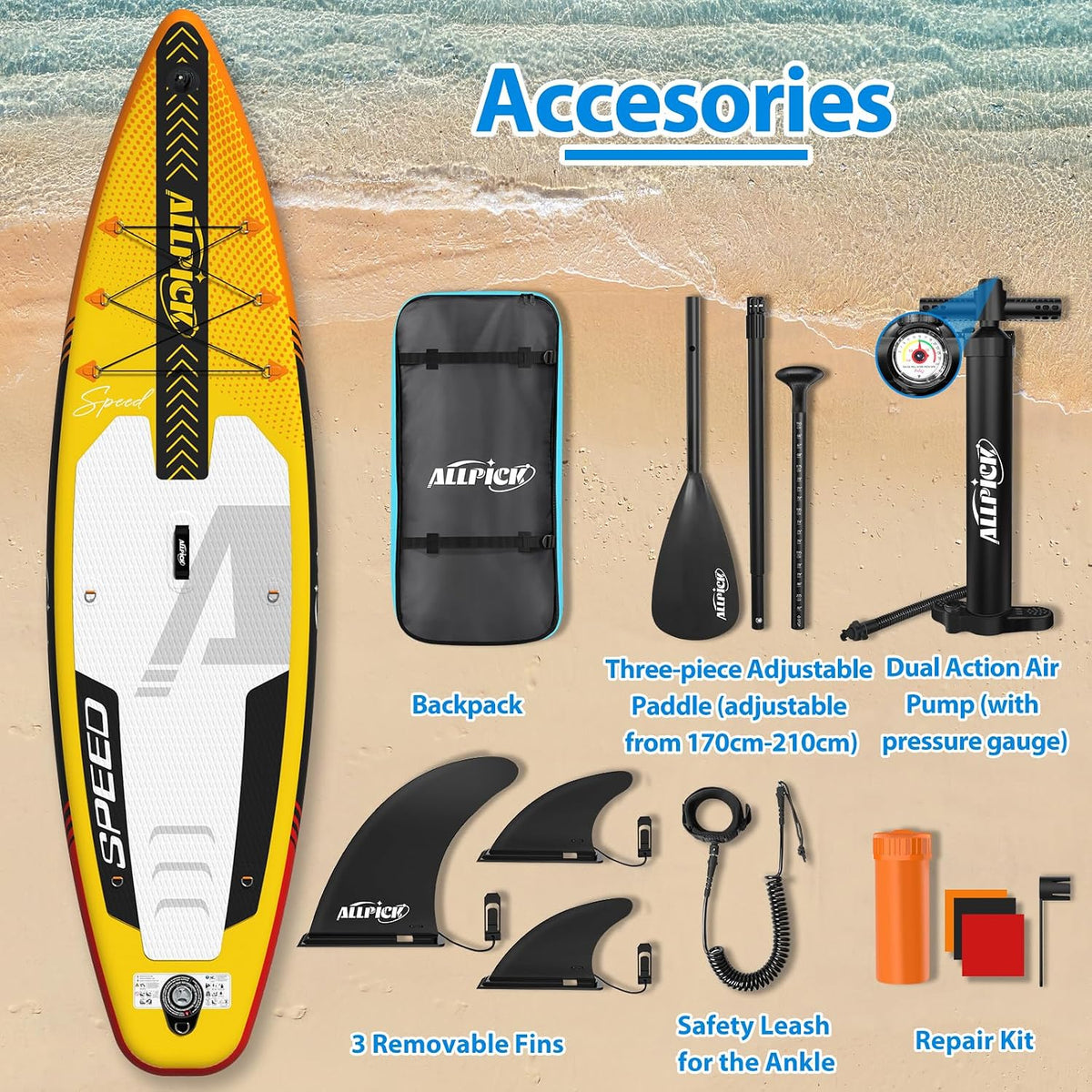 Placa SUP ALLPICK Premium SUP Board Set gonflabila 180 kg Galben
