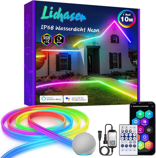 Lichaser 10 m RGB+IC Neon LED Strip Outdoor WiFi, IP68 Waterproof DIY Flexible Neon LED Strip with Alexa, 24 V LED Strip Outdoor Silicone Sync with Music for Patio, Party, Garden