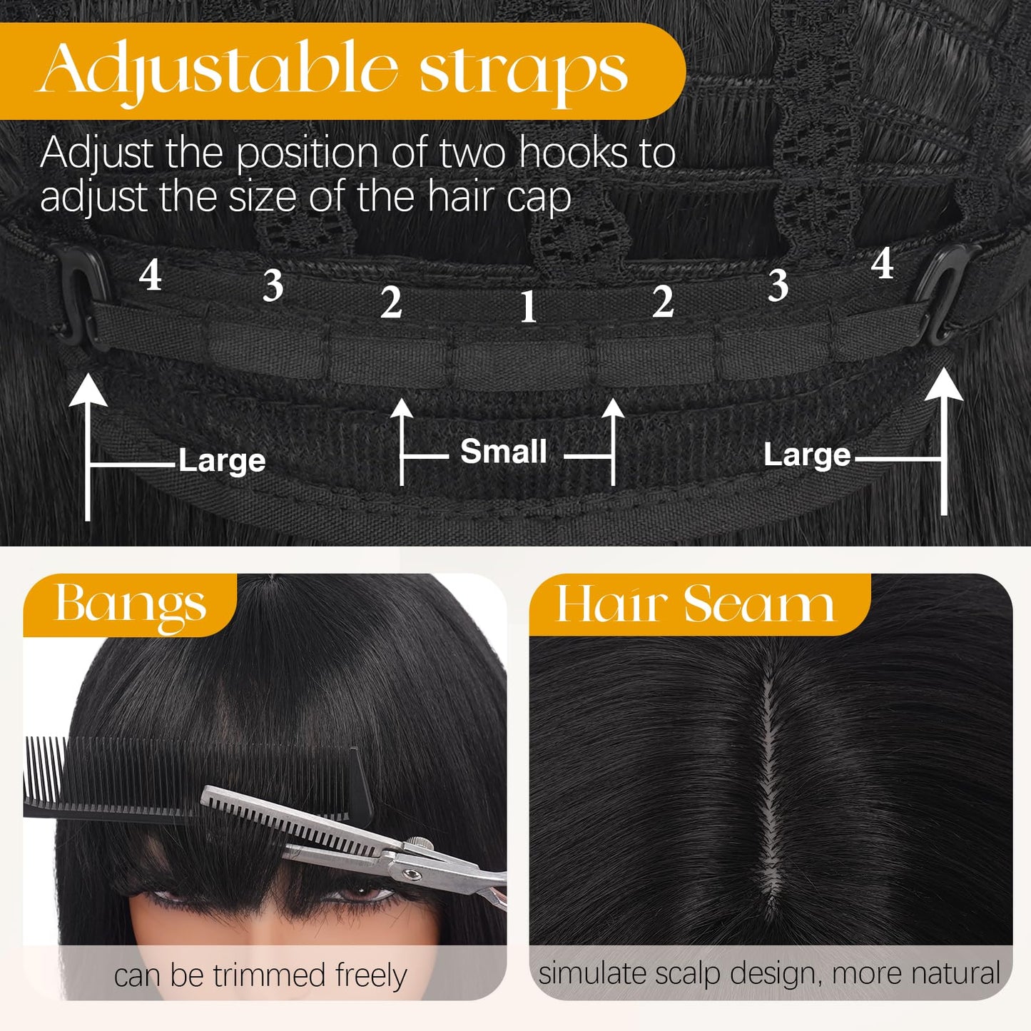 Peruca Sofeiyan Long Straight Wig 40 cm Negru Natural cu Breton