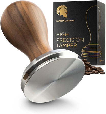 Espresso Tamper 58.5 mm BaristaLegends + baza inox, maner lemn, anti-vacuum