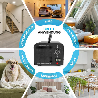 Ozone Generator, 60,000 mg/h Ozone Device with Temperature and Humidity Display, Ozone Air Purifier with 120 Min Timer, for Car, Home, Room, Smoke, Pet Odours and Kitchen Odours, Black