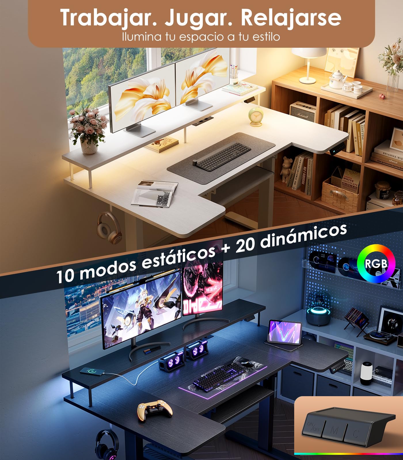 Birou reglabil OffiGo U Forma 140 cm electric cu LED si USB