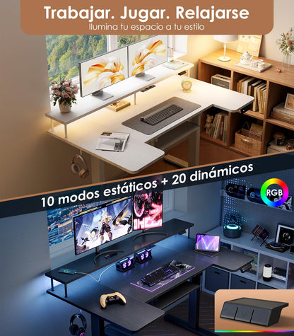 Birou reglabil OffiGo U Forma 140 cm electric cu LED si USB