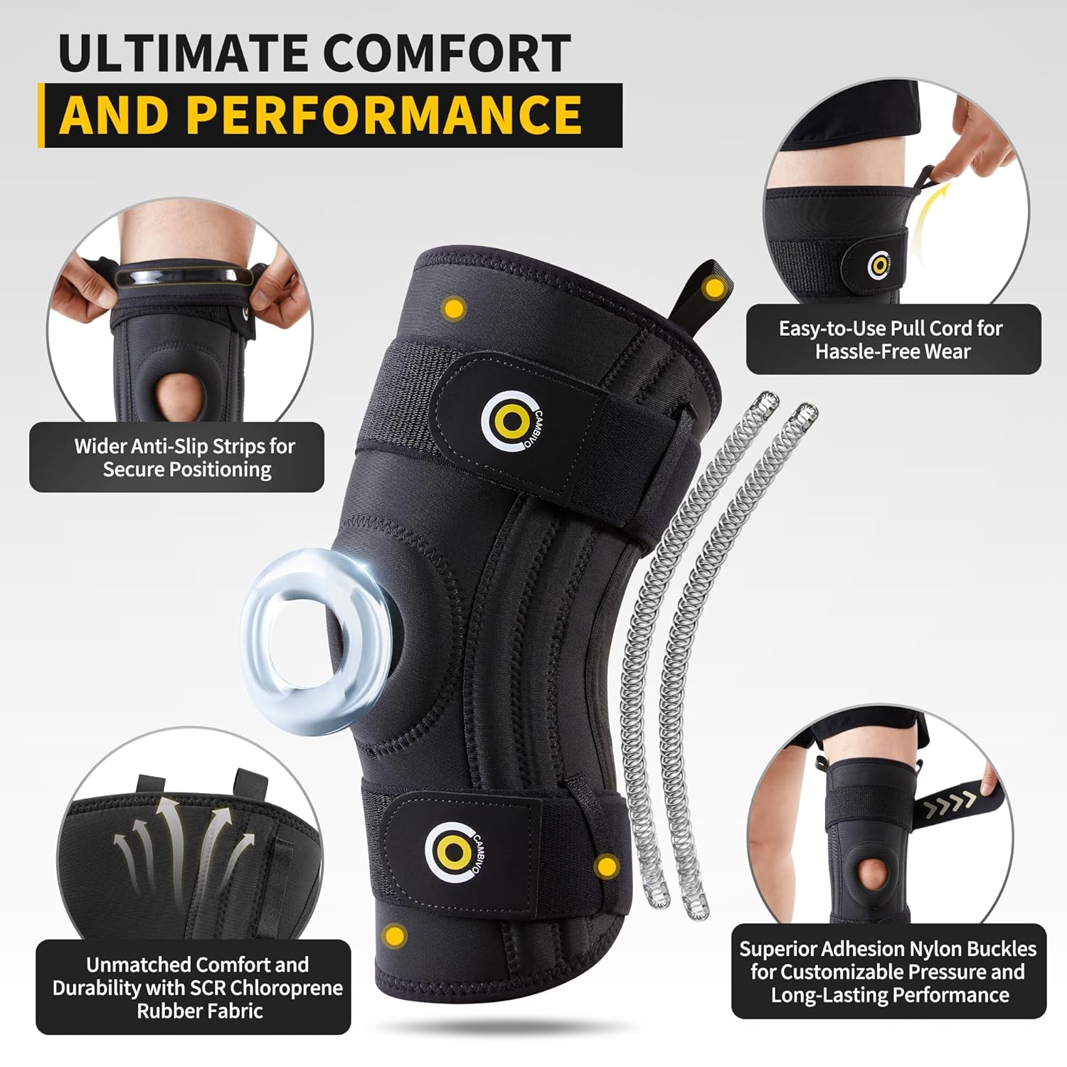 CAMBIVO Knee Brace for Women Men, Adjustable Knee Support and Compression Sleeve for Pain Relief, Meniscus Tear, Hinged Knee Brace with Side Stabilizers, Ideal for Weightlifting and Running(1 Pack)