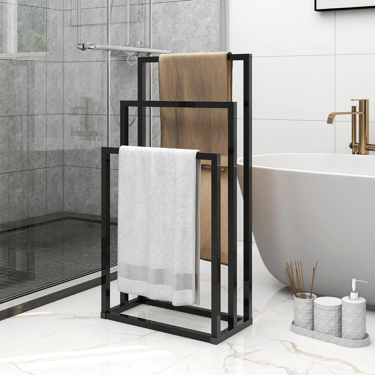 Suport de prosoape independent JELUTE cu 3 niveluri, marimea 3-T, negru