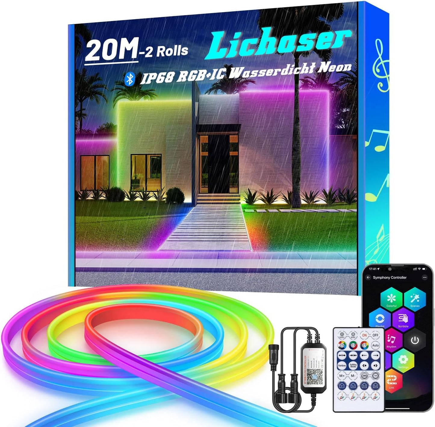 Lichaser 20 m RGB+IC Flexible Neon LED Strip Outdoor, Bluetooth Outdoor IP68 Neon LED Strip Sync with Music, 24 V DIY LED Strip Light Outdoor Waterproof for Patio, Garden Lighting (10 m x 2)