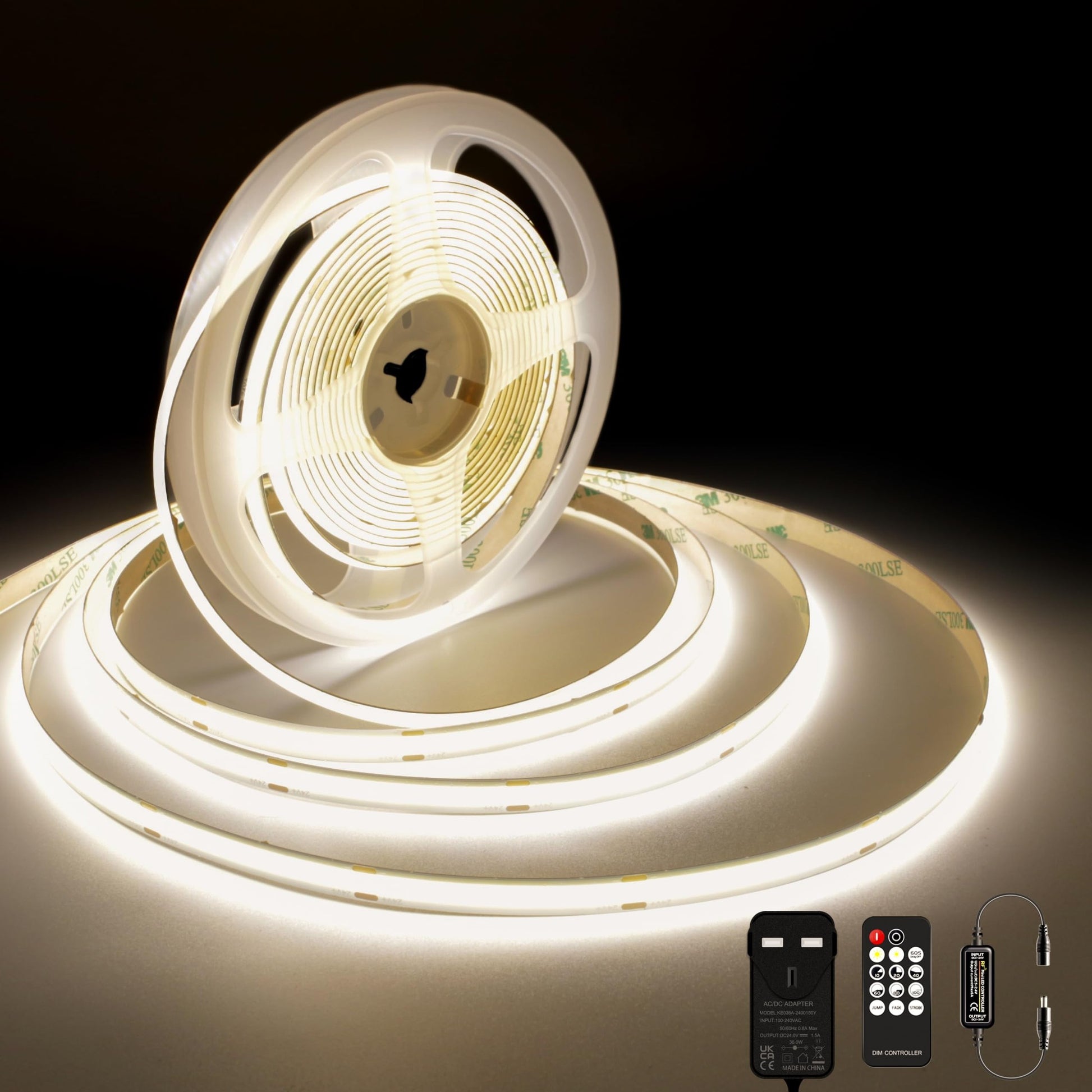 TTWAY COB LED Strip Lights 2700K, Dimmable LED Strip Kit, Super Bright 24V LED Tape Lights CRI90+ with RF Remote and UKCA Power Supply for DIY Home Decoration, 3M, 1440LEDs, Warm White.