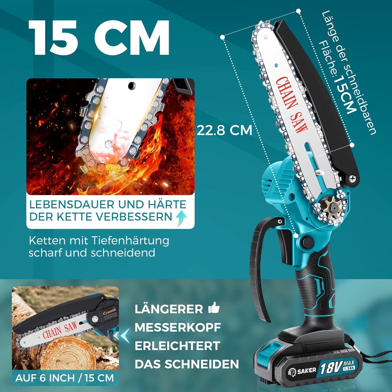 Saker Mini Kettensäge mit Akku 6 inch, kabellose elektrisch mit 2 Ketten und 2 Batterie, 15 cm mit Sicherheitstaste Einhand, Handkettensäge zum Schneiden von Äste und Garten