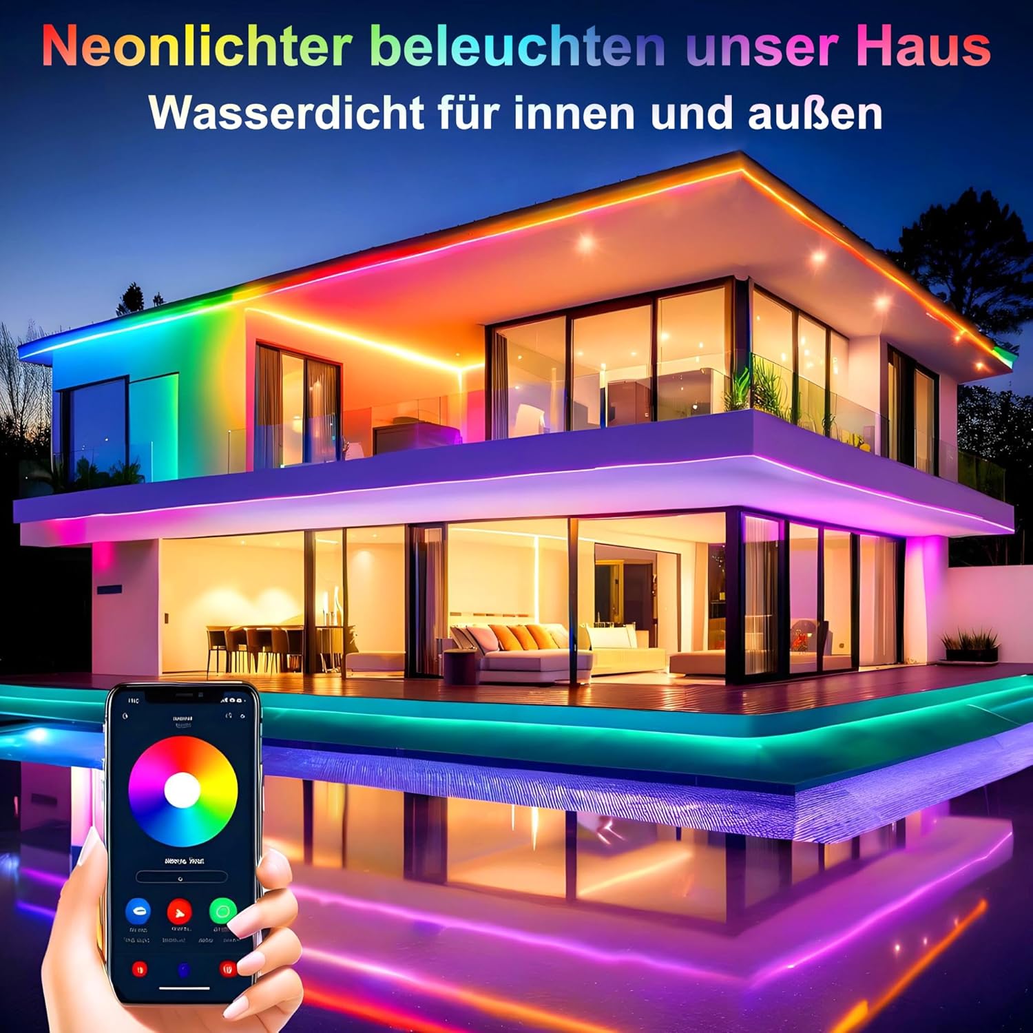 calflux Neon LED Strip 10 m, RGB Strip Fairy Lights, IP65 Waterproof LED Strip with Bluetooth Remote Control, 24 V LED Strip Colour Changing for Bedroom, Room, Indoor and Outdoor Decoration