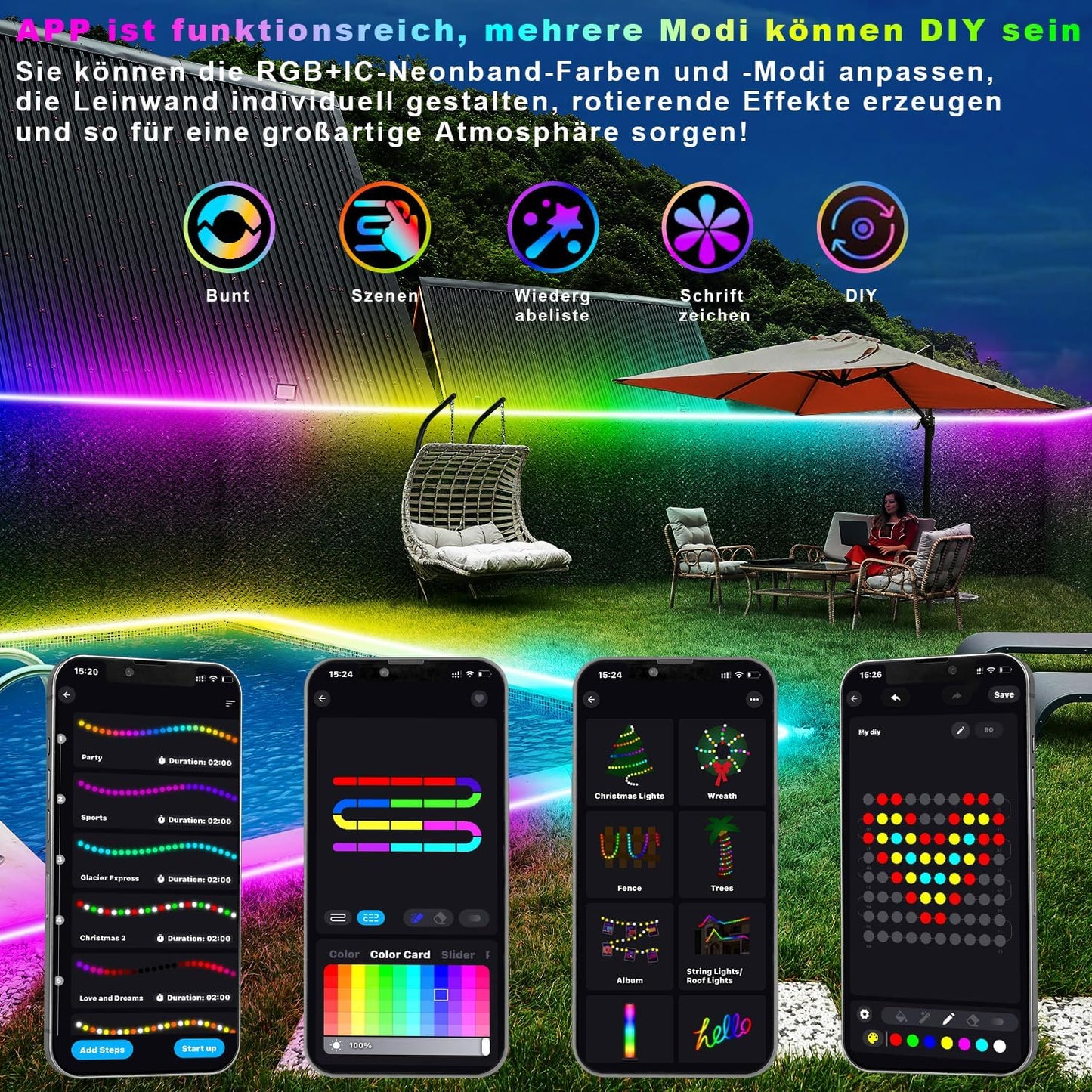 Lichaser 10 m RGB+IC Neon LED Strip Outdoor WiFi, IP68 Waterproof DIY Flexible Neon LED Strip with Alexa, 24 V LED Strip Outdoor Silicone Sync with Music for Patio, Party, Garden