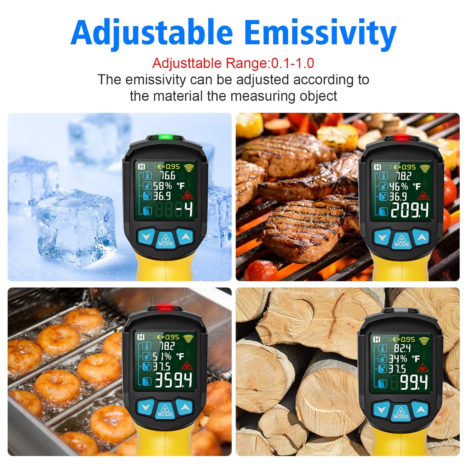 MESTEK Infrared Thermometer Temperature Gun with K Probe Non-Contact Laser Digital Thermometer -58℉~1472℉(-50℃~800℃) Color LCD Screen Adjustable Emissivity Humidity Cooking BBQ Oven Pizza Car Fridge