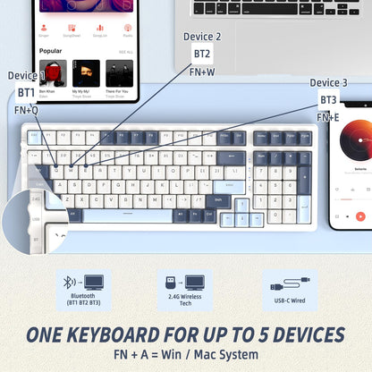 FREEWOLF K8 Wireless Hot Swap Mechanical Gaming Keyboard, Wired RGB Rainbow Backlit Keyboard Red Switch, Bluetooth 5.0/2.4Ghz/USB- C Tri Mode with 4000mAH Battery, US Layout for Mac/Win - Blue/White