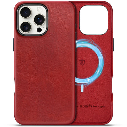 SHIELDON Case for iPhone 16 Pro 6.3" 2024, Genuine Leather, Magnetic Wireless Charging, Slim Fit, Non-Slip, Metal Button, Shockproof Protective Case Compatible with iPhone 16 Pro - Nappa Saddle Brown