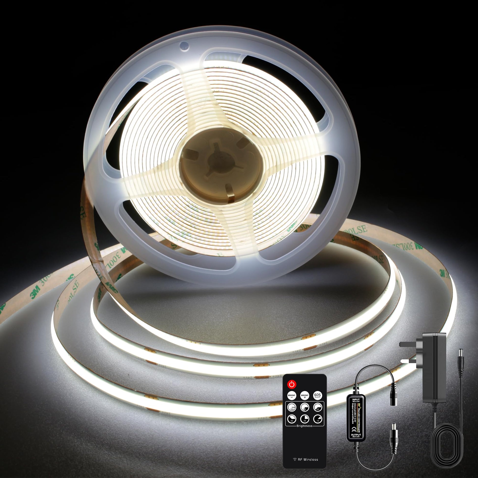 TTWAY COB LED Strip Lights 2700K, Dimmable LED Strip Kit, Super Bright 24V LED Tape Lights CRI90+ with RF Remote and UKCA Power Supply for DIY Home Decoration, 3M, 1440LEDs, Warm White.