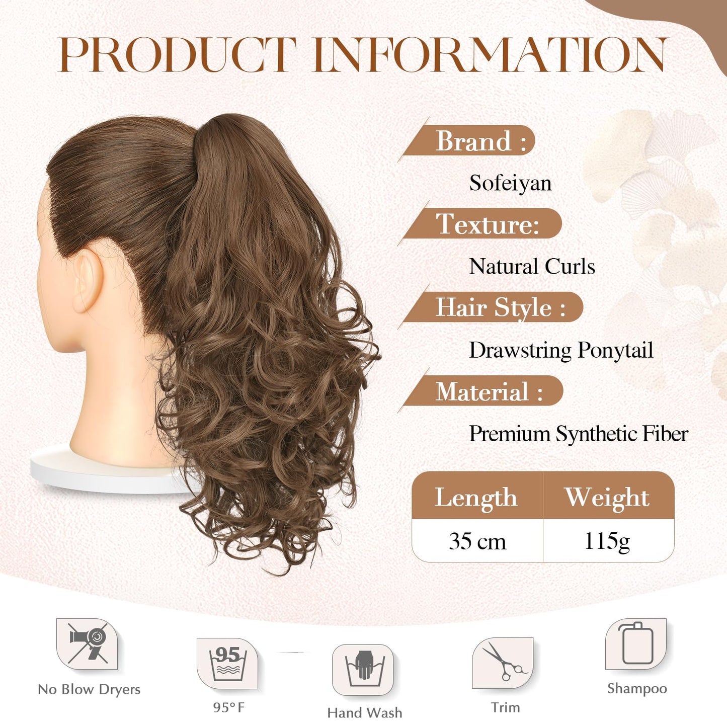 Sofeiyan Ponytail Hair Extensions with Drawstring, 35 cm Mandarin Brown Long