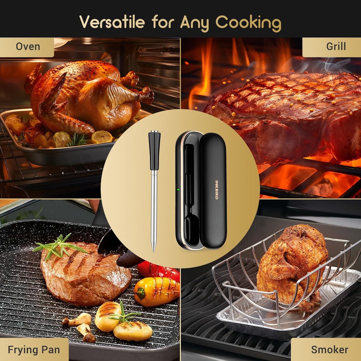 INKBIRD INT-11P-B Wireless Meat Thermometer 91m/300ft Range, Bluetooth Meat Thermometer Probe for Air Fryers Cooking, with Smart APP for Oven Grill Kitchen BBQ Smoker