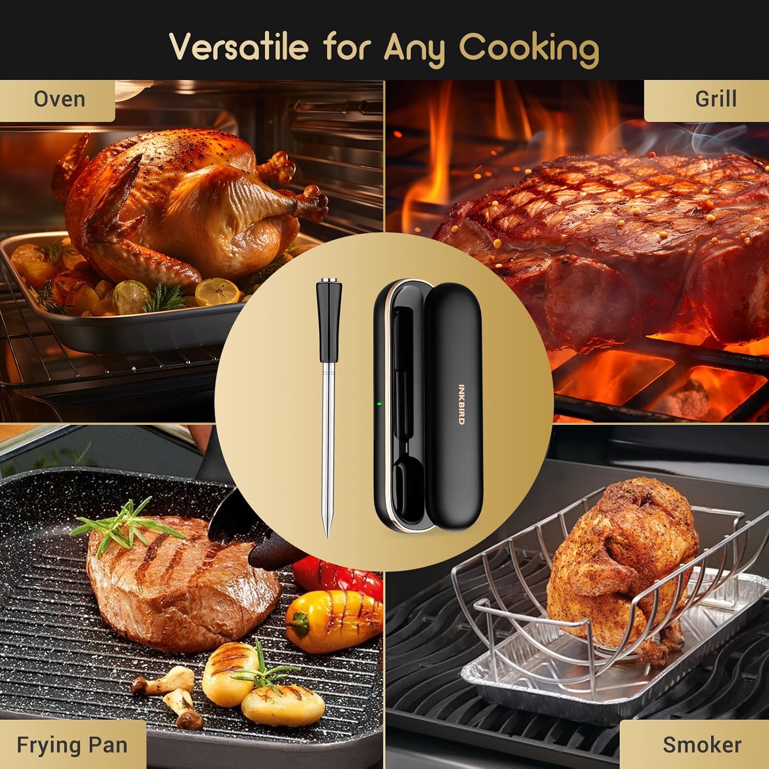INKBIRD INT-11P-B Wireless Meat Thermometer 91m/300ft Range, Bluetooth Meat Thermometer Probe for Air Fryers Cooking, with Smart APP for Oven Grill Kitchen BBQ Smoker
