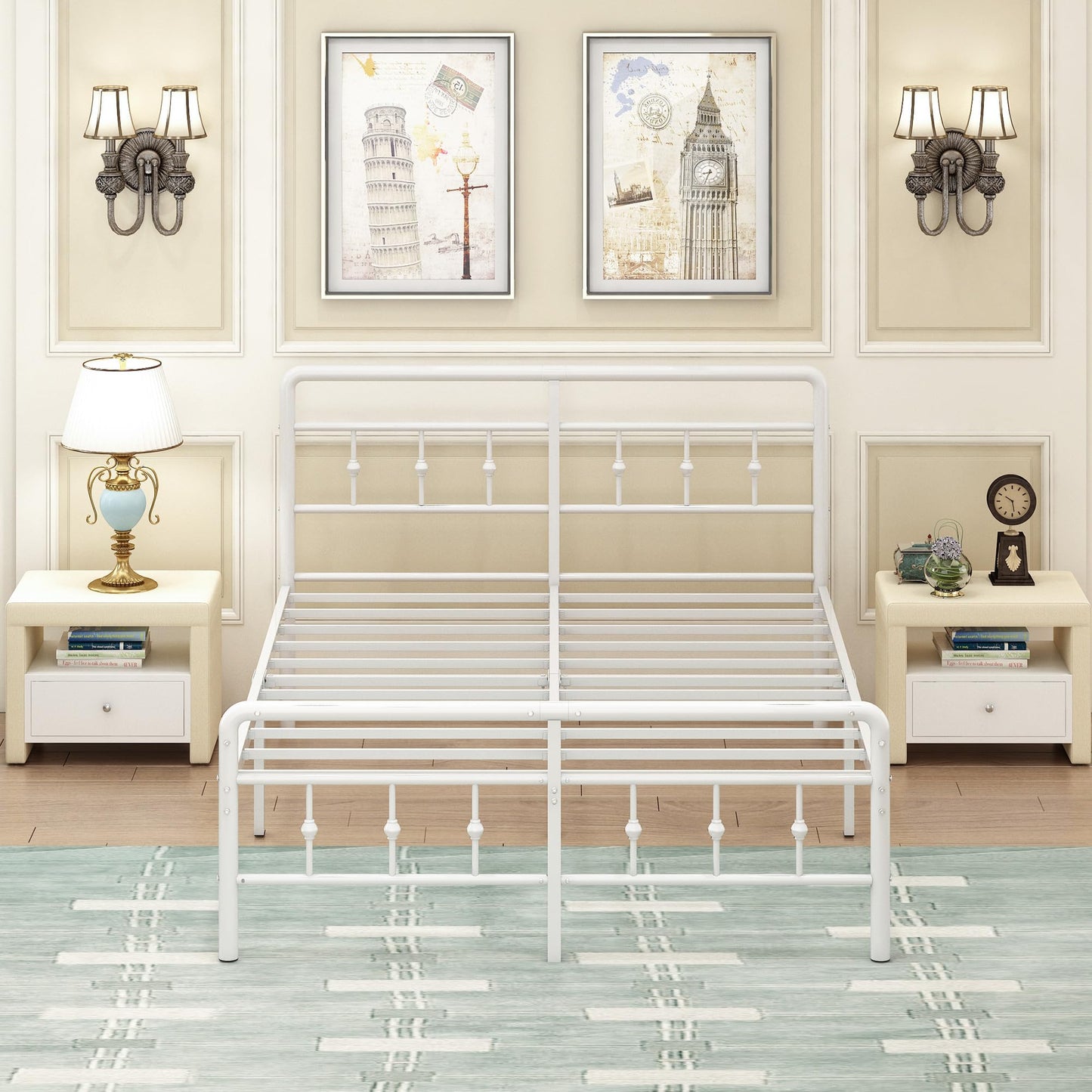 Pat metal EMODA 180x200 cm stil Victorian alb, cadru silentios