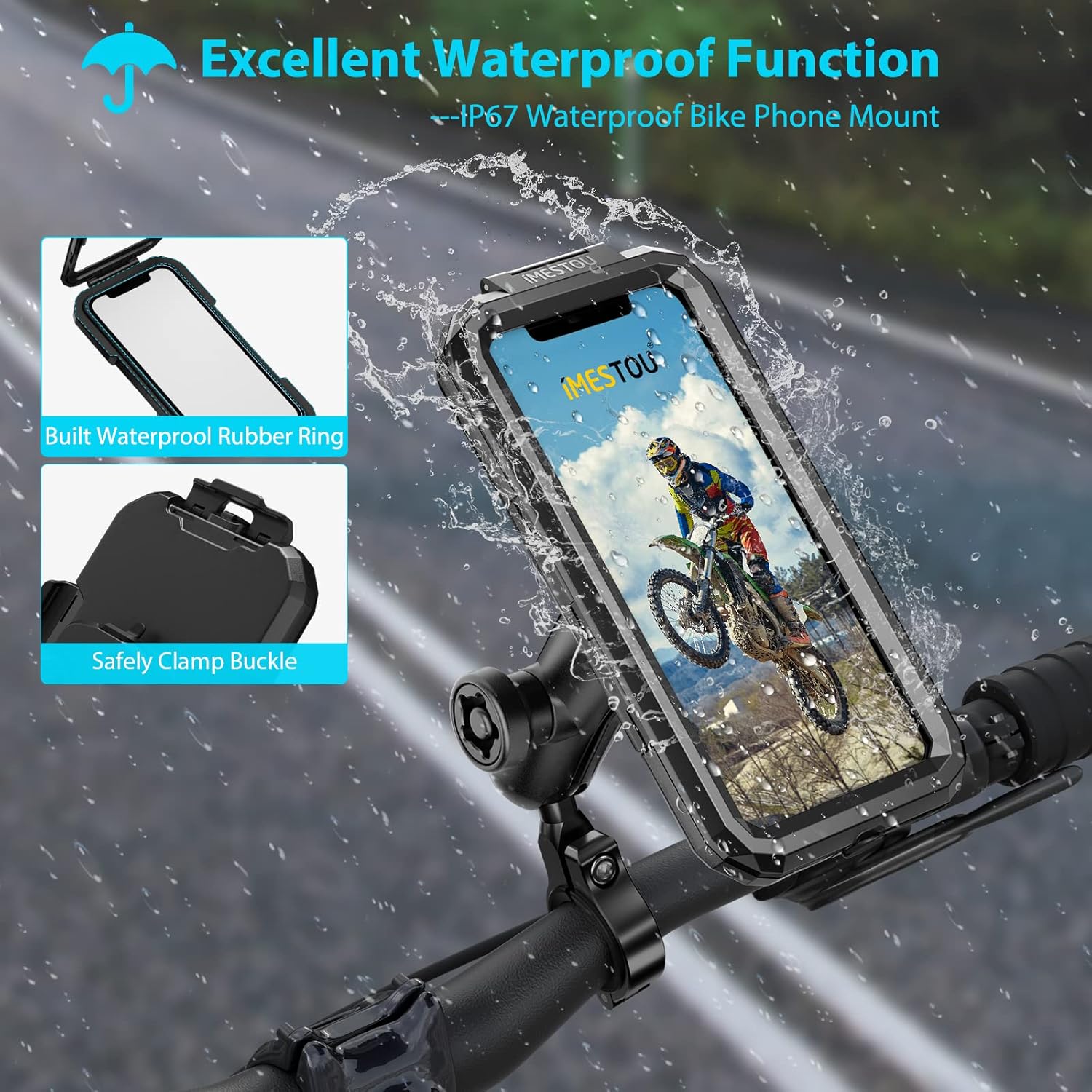 iMESTOU Waterproof IP67 Motorcycle Phone Mount, Bike Mount with 1" Dual Ball Base Arms (S- for 3.5-6.1" Phones)