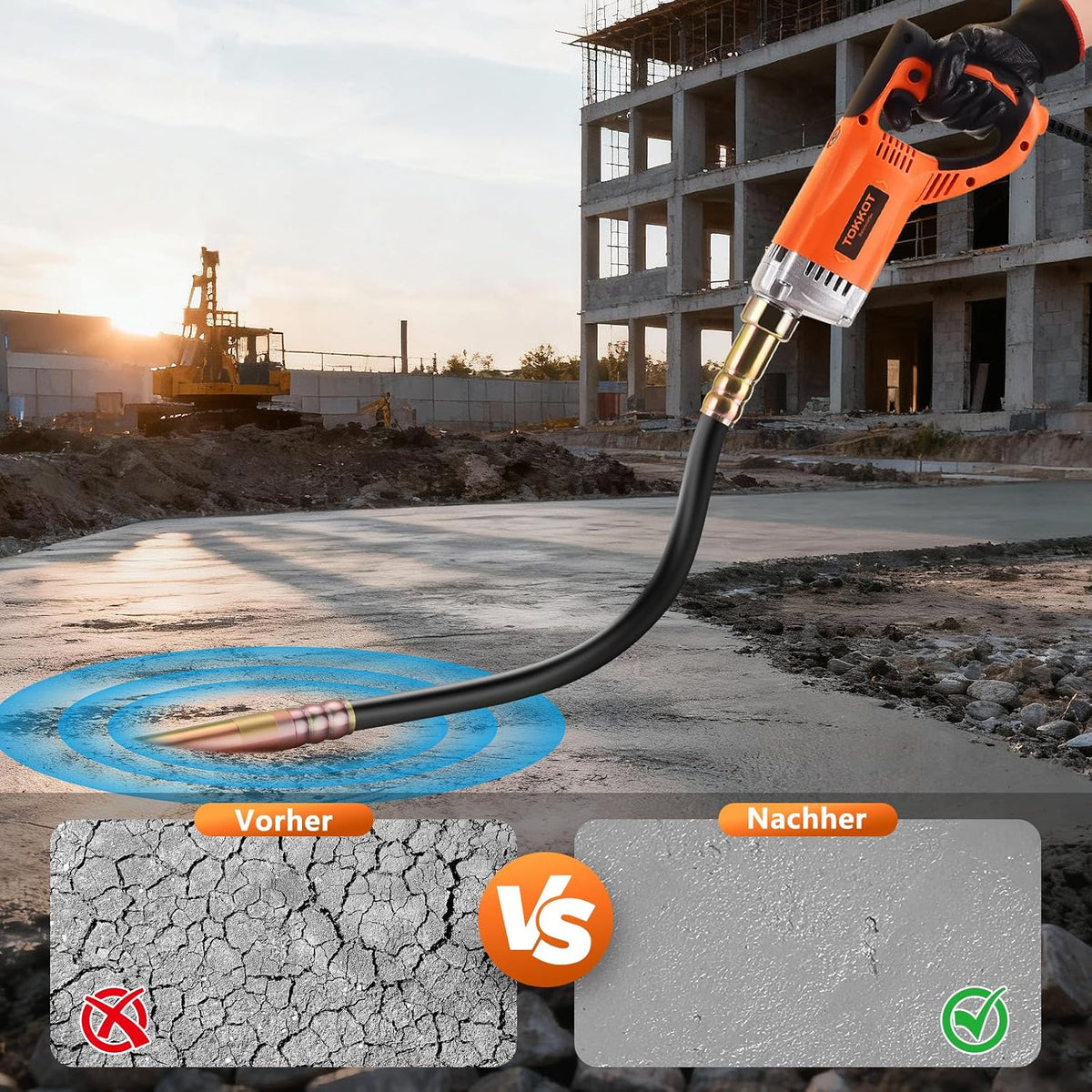 Vibrator electric TOKKOT pentru beton, 1300 W, tija de cupru 1,5 m