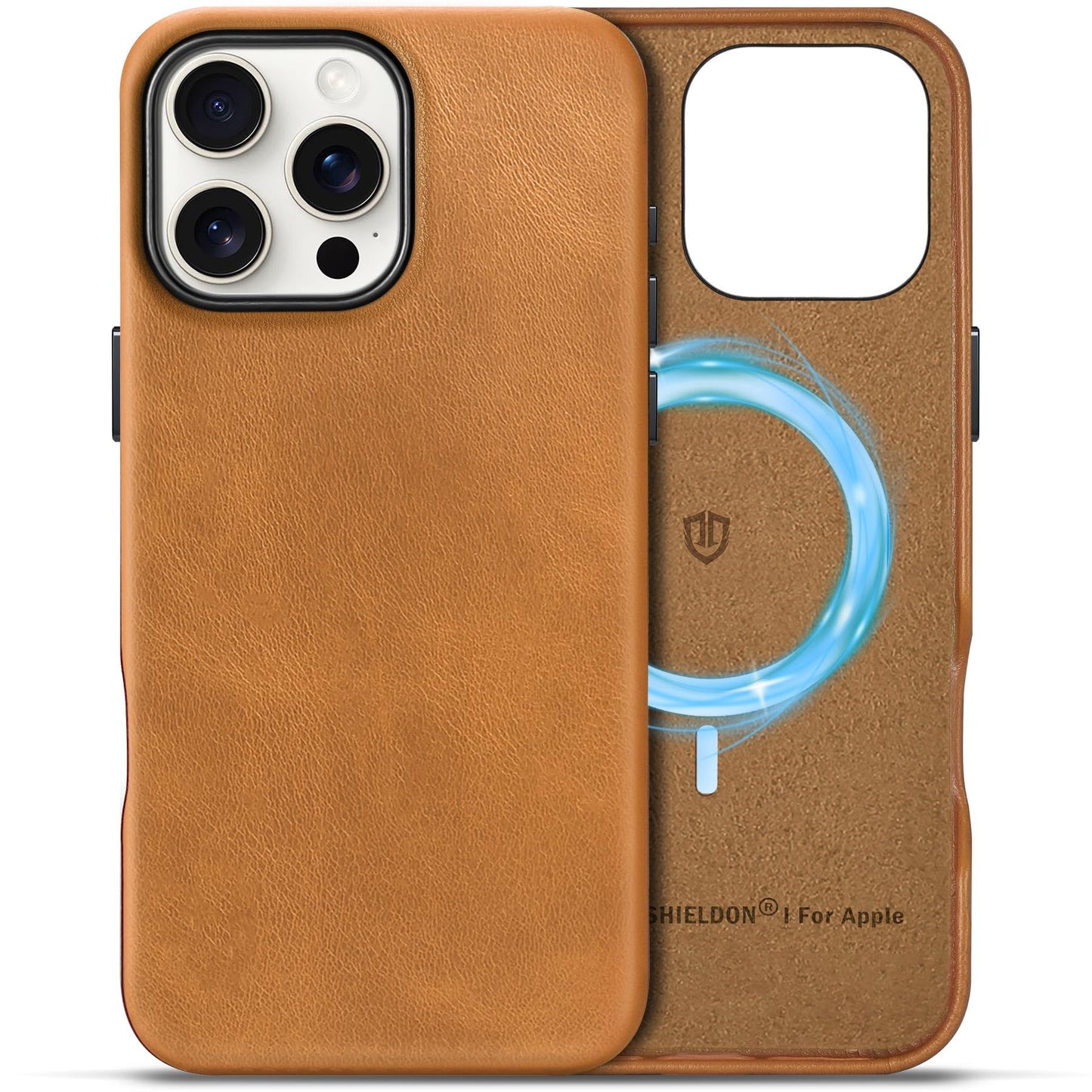 SHIELDON Case for iPhone 16 Pro 6.3" 2024, Genuine Leather, Magnetic Wireless Charging, Slim Fit, Non-Slip, Metal Button, Shockproof Protective Case Compatible with iPhone 16 Pro - Nappa Saddle Brown