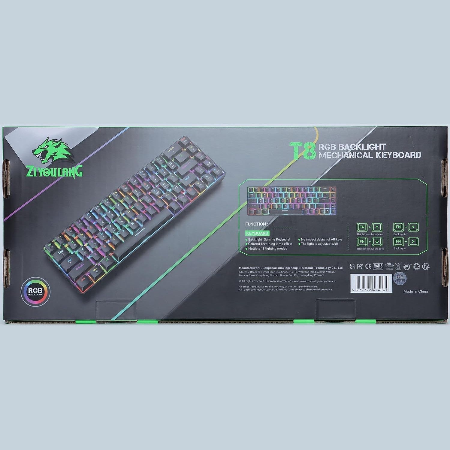 T8 60% Gaming Keyboard,68 Keys Compact Mini Wired Mechanical Keyboard with 18 Chroma RGB Backlit,Blue Switch,USB C Coiled Keyboard Cable,for PC,Laptop,Mac,PS4,Xbox-Dark Grey