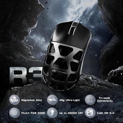 ATTACK SHARK R3PRO 46g Superlight Magnesium Alloy Mouse, 8000Hz Wireless Polling Rate, 26000 DPI, 2.4G/BT/Wired Gaming Mouse, PixArt PAW3395 Sensor G502, with Coiled Cable, PC/Mac, Grey