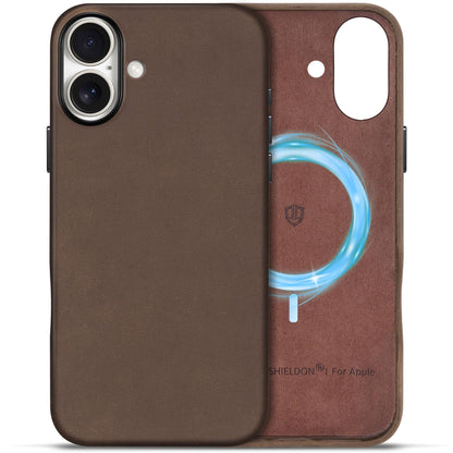 SHIELDON Case for iPhone 16 Pro 6.3" 2024, Genuine Leather, Magnetic Wireless Charging, Slim Fit, Non-Slip, Metal Button, Shockproof Protective Case Compatible with iPhone 16 Pro - Nappa Saddle Brown