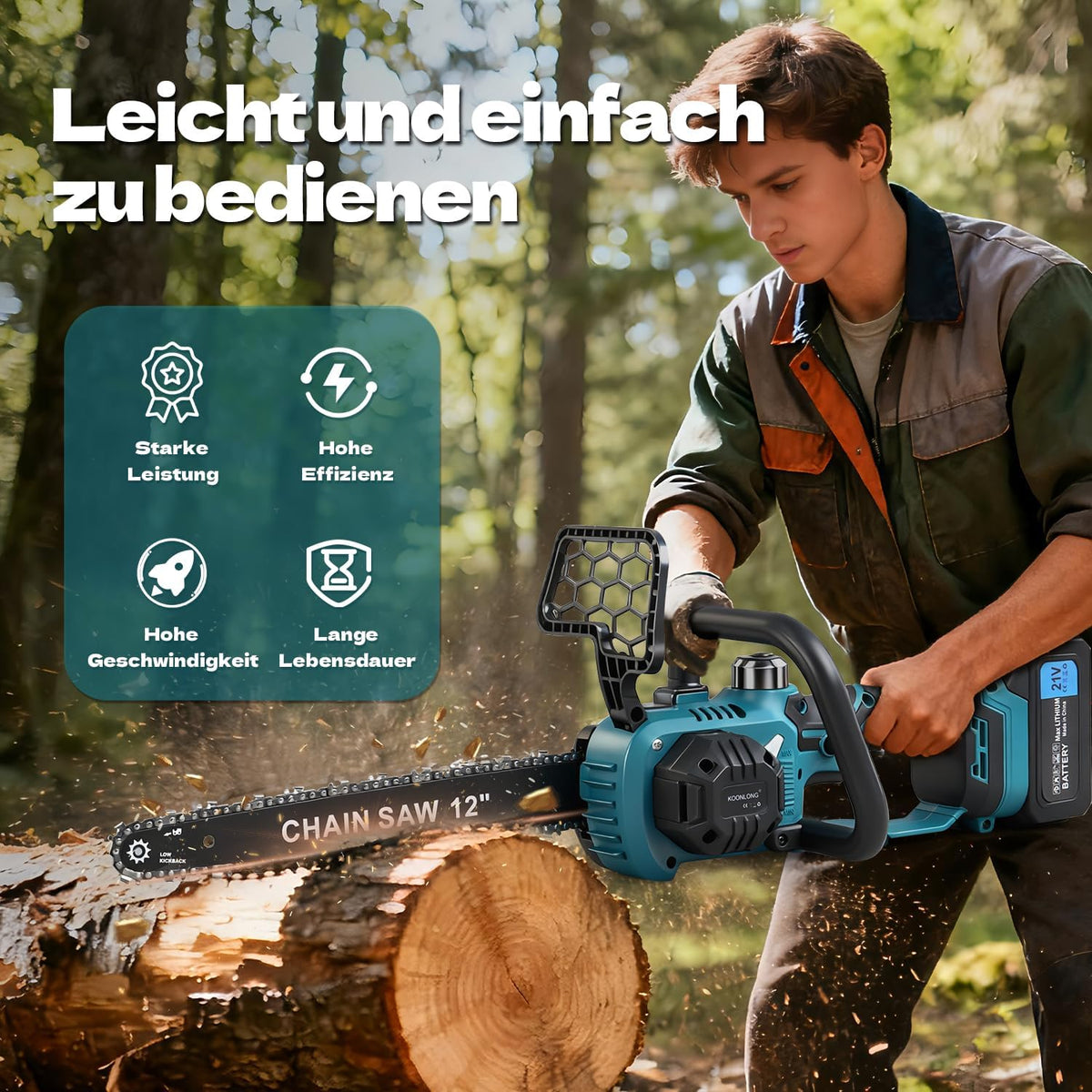 Fierastrau electric KOONLONG cu acumulator pentru baterie Makita, lama 30,5 cm, motor brushless 1300 W, 2 baterii 4000 mAh