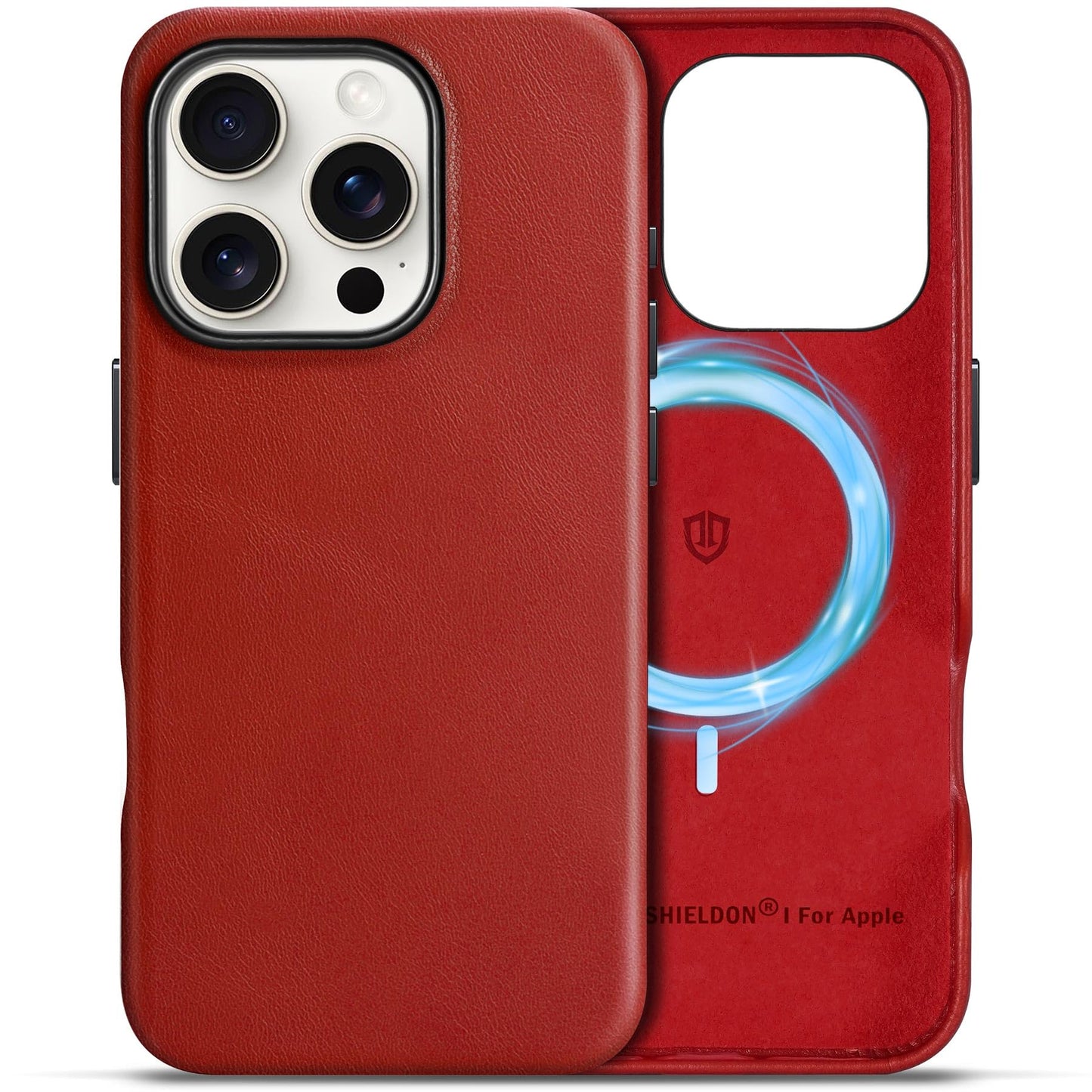 SHIELDON Case for iPhone 16 Pro 6.3" 2024, Genuine Leather, Magnetic Wireless Charging, Slim Fit, Non-Slip, Metal Button, Shockproof Protective Case Compatible with iPhone 16 Pro - Nappa Saddle Brown