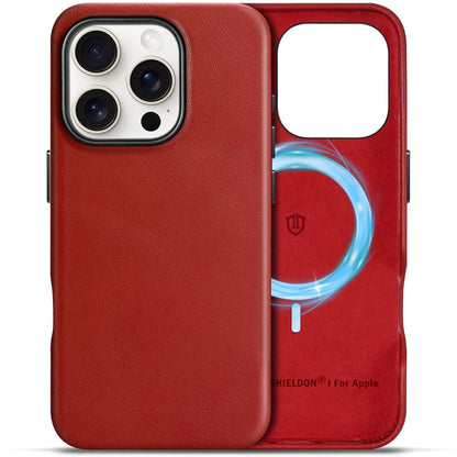 SHIELDON Case for iPhone 16 Pro 6.3" 2024, Genuine Leather, Magnetic Wireless Charging, Slim Fit, Non-Slip, Metal Button, Shockproof Protective Case Compatible with iPhone 16 Pro - Nappa Saddle Brown