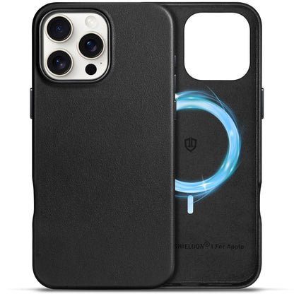 SHIELDON Case for iPhone 16 Pro 6.3" 2024, Genuine Leather, Magnetic Wireless Charging, Slim Fit, Non-Slip, Metal Button, Shockproof Protective Case Compatible with iPhone 16 Pro - Nappa Saddle Brown