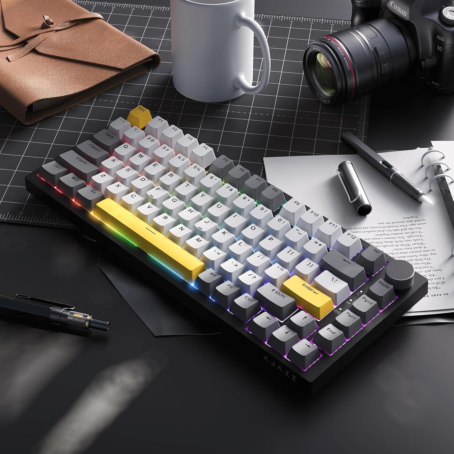 AK820 75% Wired RGB Gasket Mechanical Keyboard with Volume Knob, South Facing LED, Poron Foam, PBT Keycaps, Custom Programmable Hot-Swap Keyboard