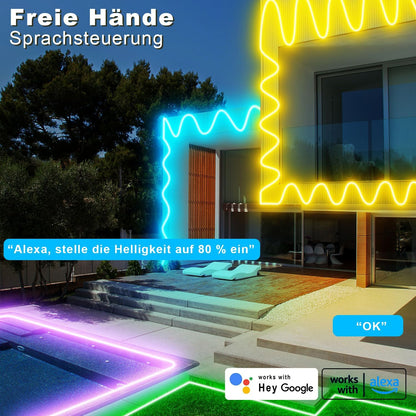 TENDIST 20 m RGB IP68 Neon Flexible LED Strip, WiFi Waterproof Outdoor LED Strip Compatible with Alexa, 120 LEDs/Metre, DIY 24 V Neon LED Strip with Sync Music for Bedroom, Parties, Garden