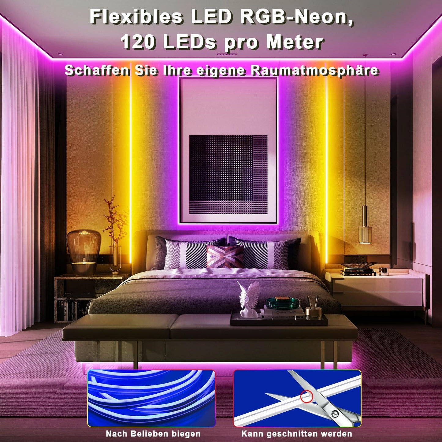 TENDIST 20 m RGB IP68 Neon Flexible LED Strip, WiFi Waterproof Outdoor LED Strip Compatible with Alexa, 120 LEDs/Metre, DIY 24 V Neon LED Strip with Sync Music for Bedroom, Parties, Garden