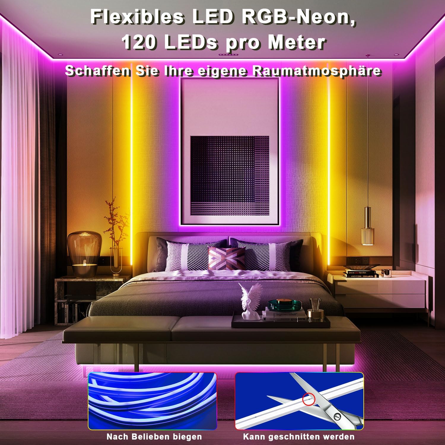 TENDIST 20 m RGB IP68 Neon Flexible LED Strip, WiFi Waterproof Outdoor LED Strip Compatible with Alexa, 120 LEDs/Metre, DIY 24 V Neon LED Strip with Sync Music for Bedroom, Parties, Garden