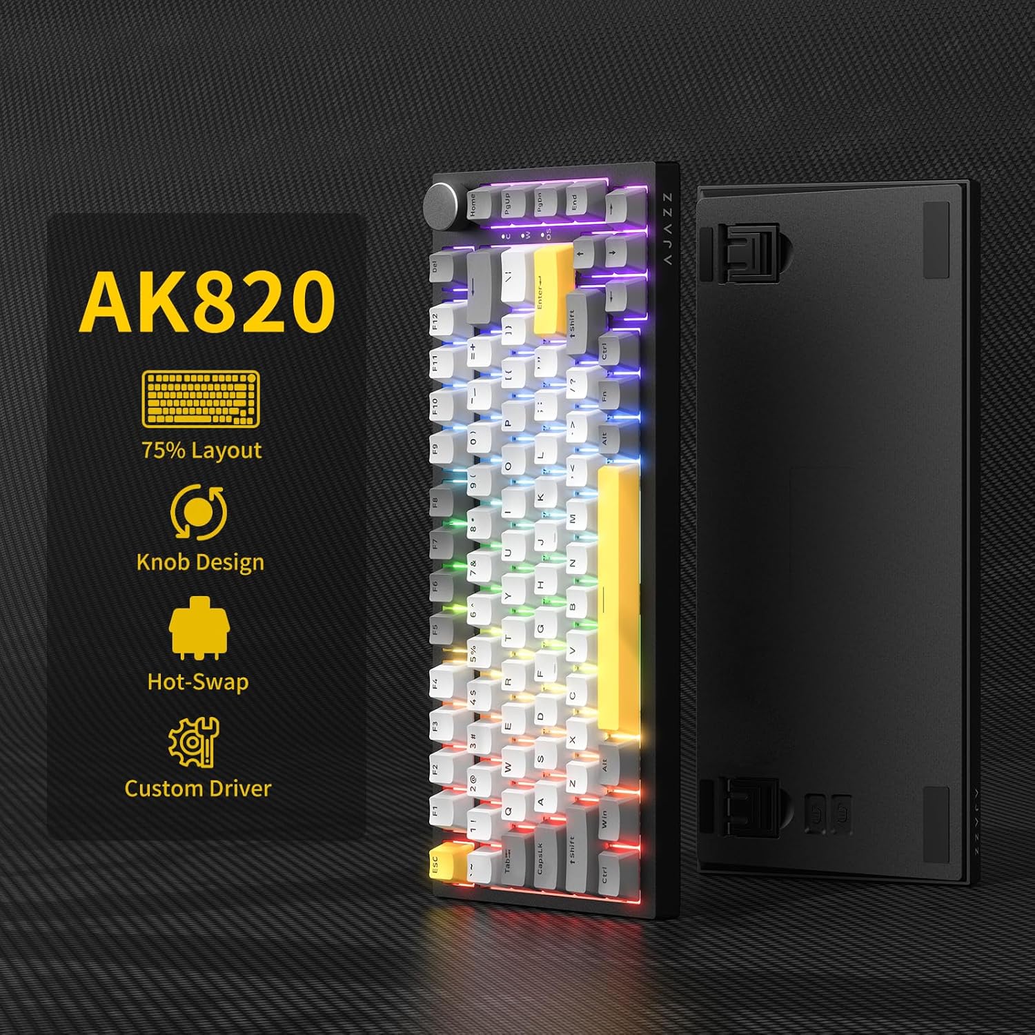 AK820 75% Wired RGB Gasket Mechanical Keyboard with Volume Knob, South Facing LED, Poron Foam, PBT Keycaps, Custom Programmable Hot-Swap Keyboard