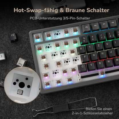 RK ROYAL KLUDGE M75 Gaming Keyboard Wireless, 75% Percent TKL Mechanical Keyboard, RGB, 2.4GHz Wireless/Bluetooth/USB-C, QWERTZ with OLED Smart Display and Button, Hot-Swappable Brown Switch, Grey