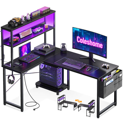 Birou gaming colt 110x80 reversibil Coleshome cu LED, prize si rafturi