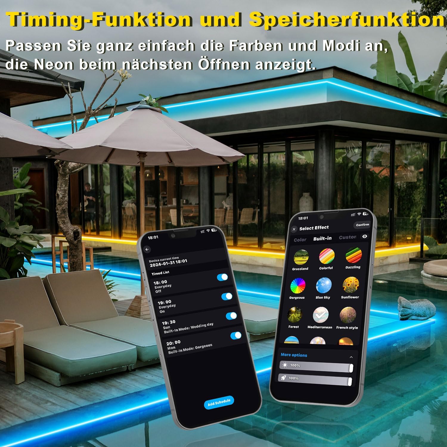 TENDIST 20 m RGB IP68 Neon Flexible LED Strip, WiFi Waterproof Outdoor LED Strip Compatible with Alexa, 120 LEDs/Metre, DIY 24 V Neon LED Strip with Sync Music for Bedroom, Parties, Garden