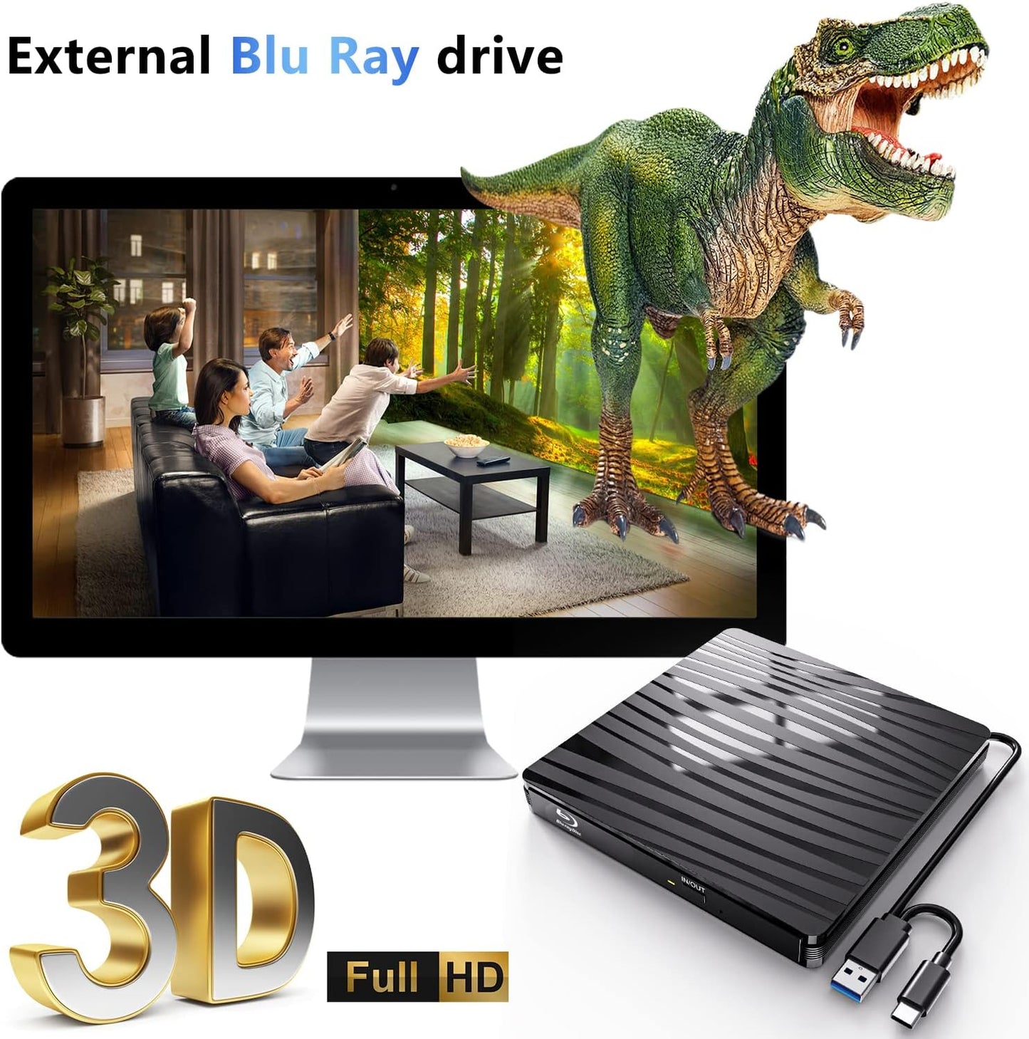 QDSYLQ External Blu Ray Drive 50G, Type-C & USB 3.0 HD 1080P Bluray Drive External Blu Ray Drive External BD CD DVD ROM RW Blu-ray Drive for Laptop PC Mac Windows 11/10/8/7/XP/Linux/MacOS